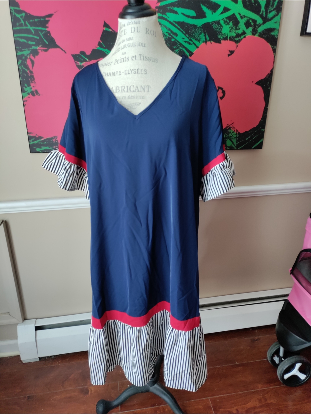 Women's Plus Size Navy V-Neck Drop-Waist Dress with Striped Ruffle Trim Size XXL
